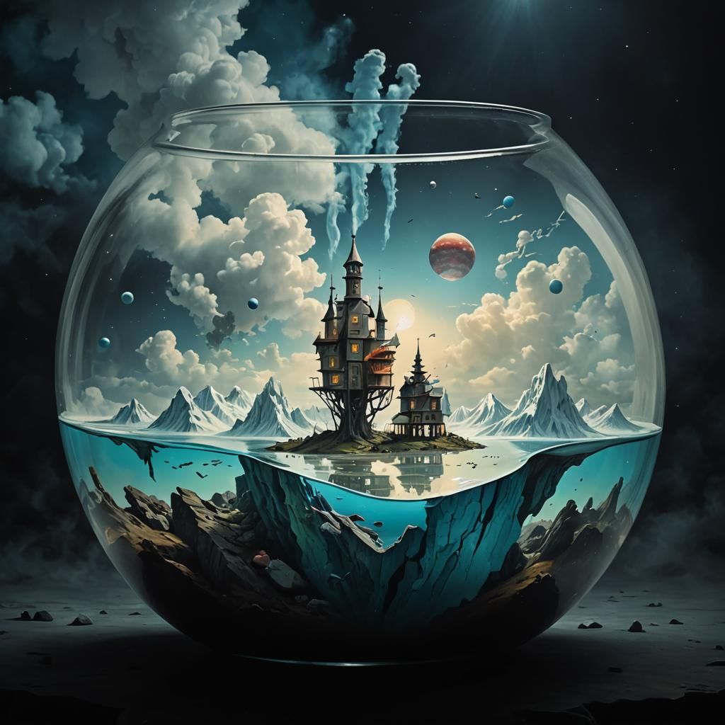 Betta Fish in Glass Bowl, Surreal Oil Painting