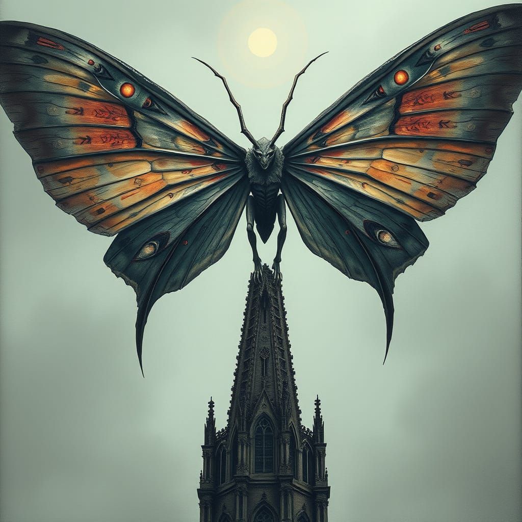 Mothman Sentinel of Crumbling Cathedral: Existential Horror