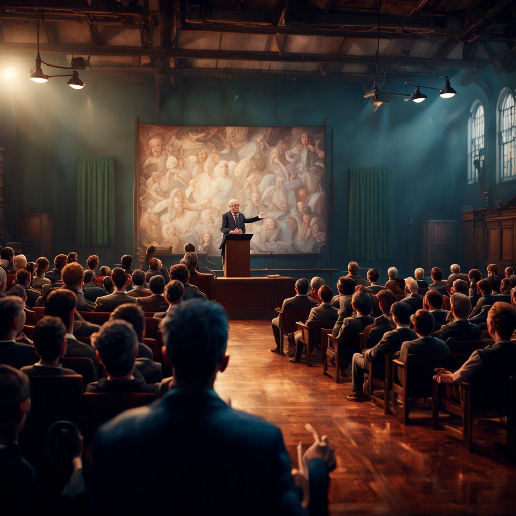 Professor Giving Lecture on Stage in Detailed Digital Art