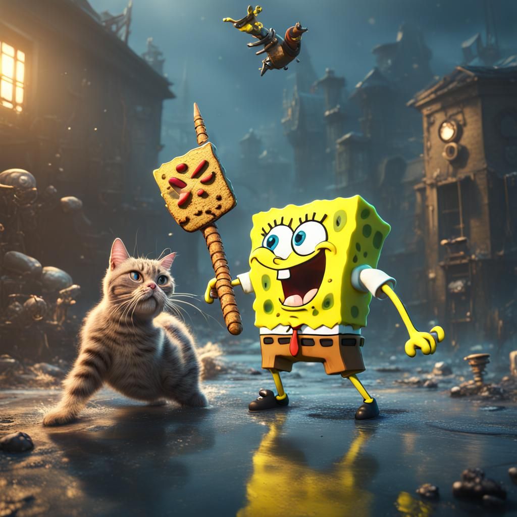 Spongebob in Epic Battle Against a Feline