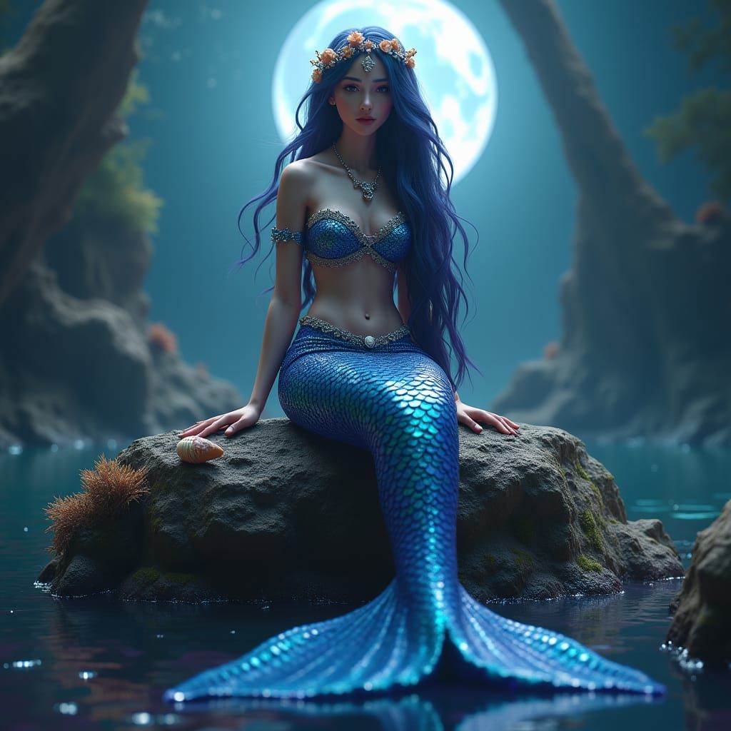 Mystical Mermaid with Holographic Tail, Fantasy Concept Art