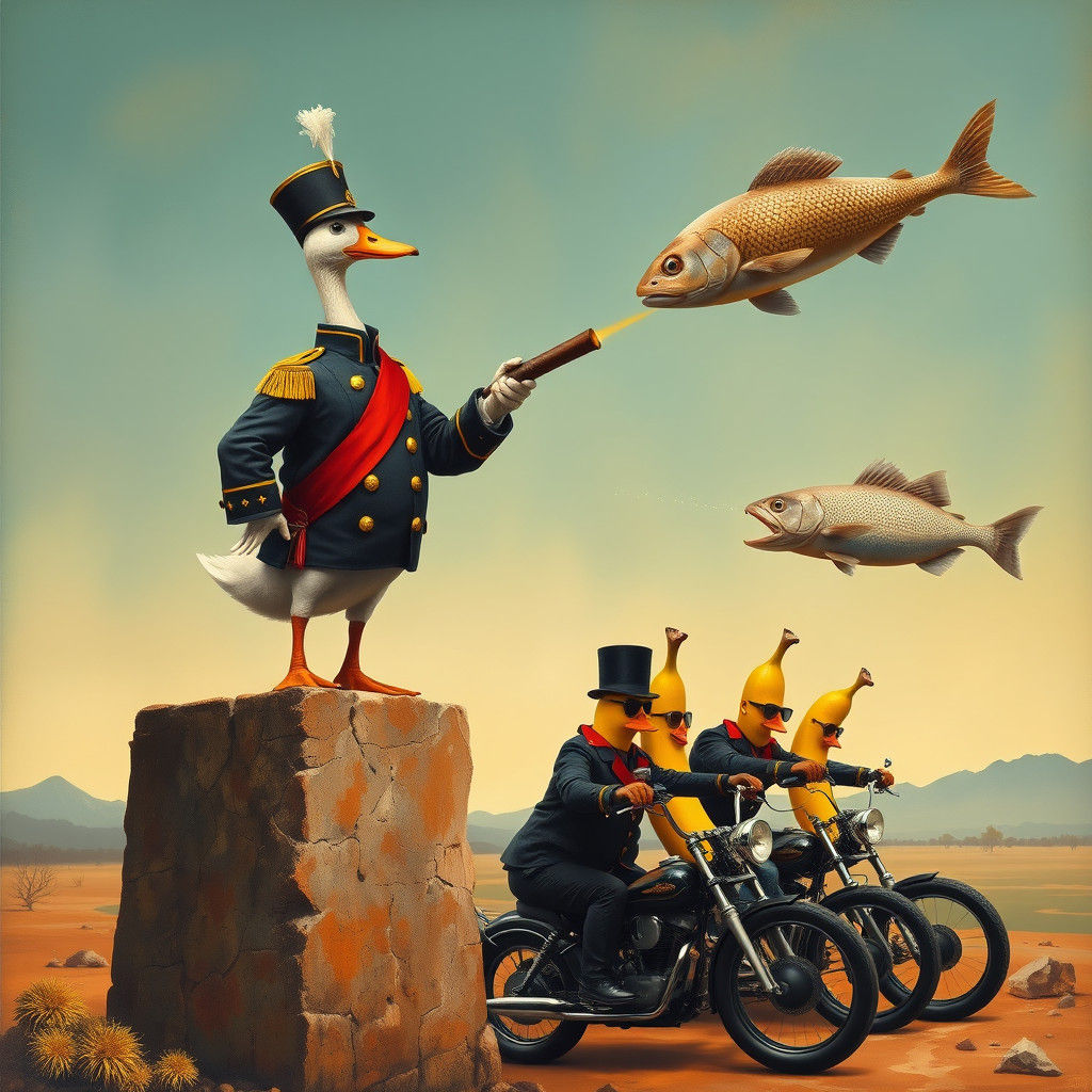 A duck firing a cannon, anthropomorphic Bananas in a biker g...