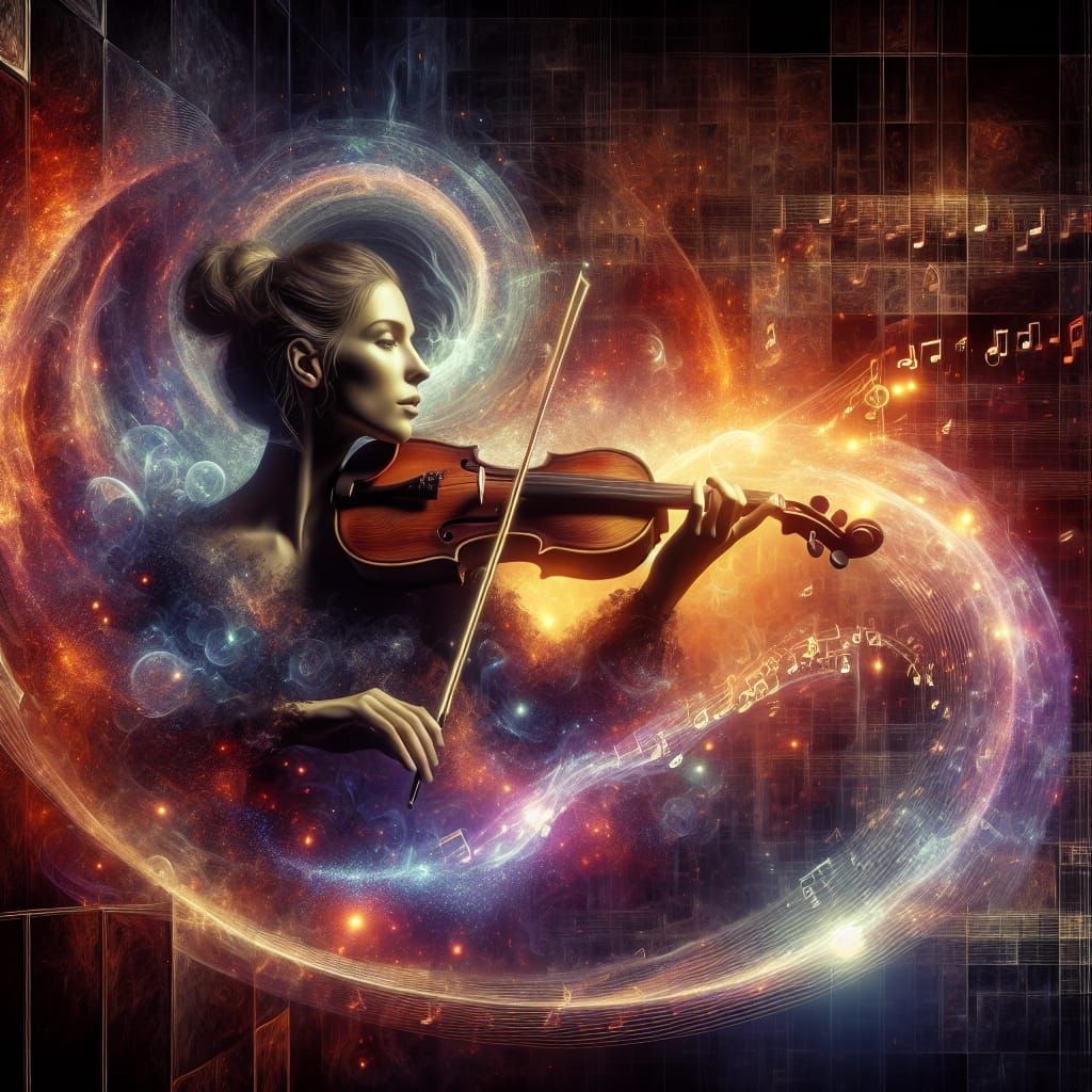 Woman Playing Violin with Holographic Notes in 8K