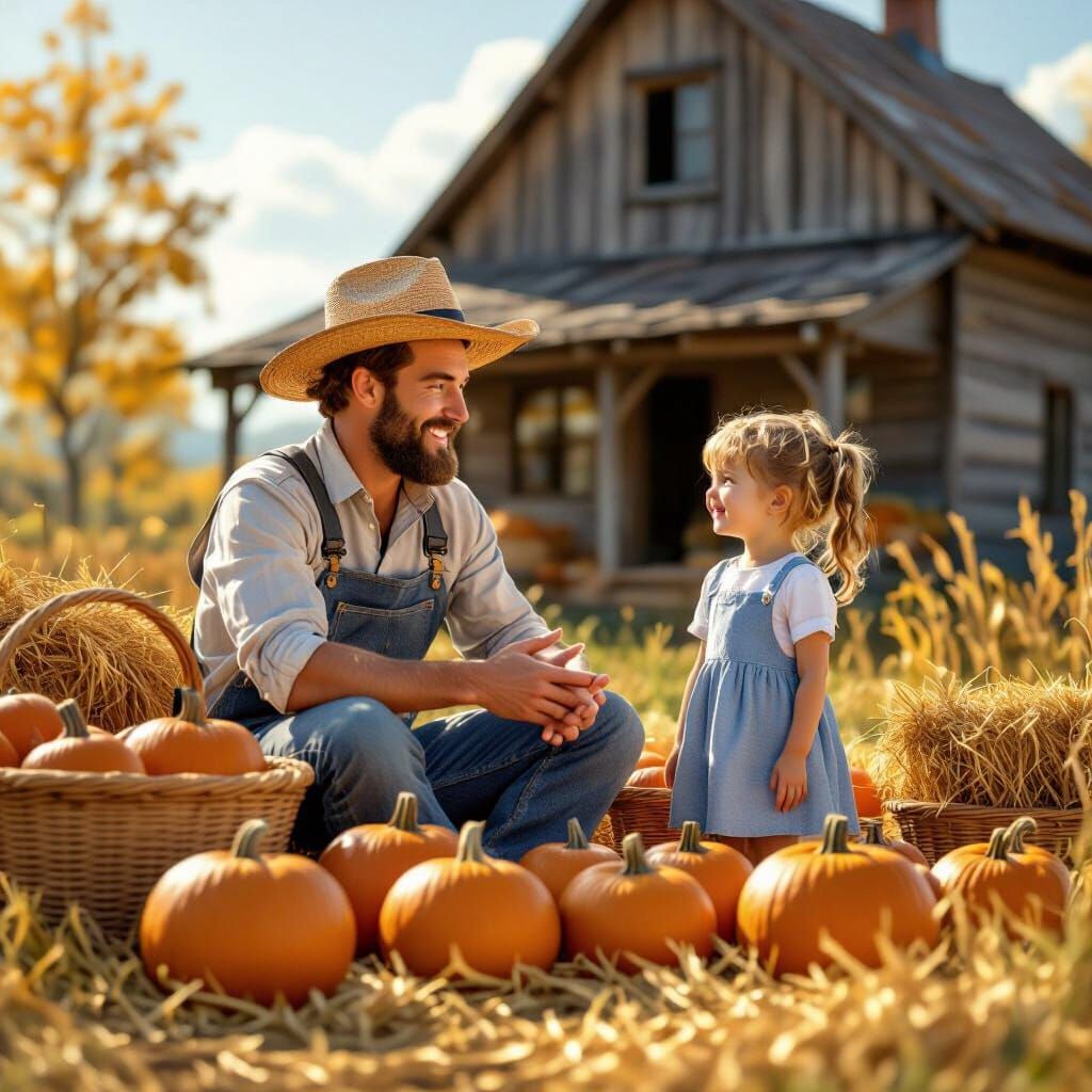 Kind Farmer and Girl in Golden Morning Sunlight