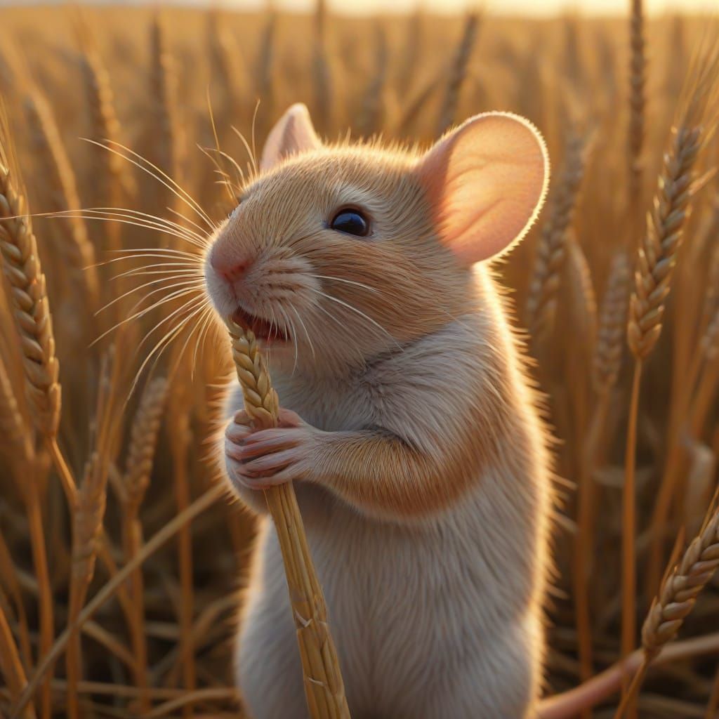 Mouse in Golden Hour, Wheat Field Scene