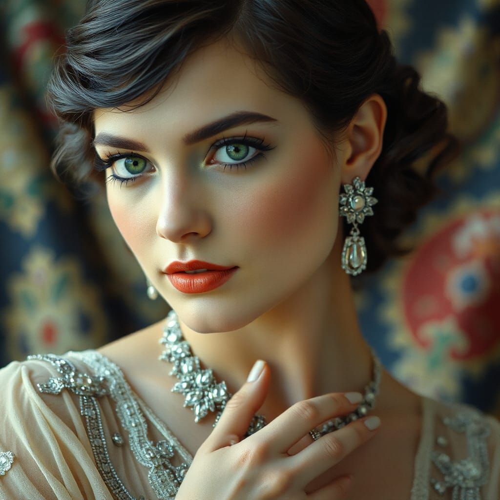 Glamorous Woman with Emerald Eyes in Pre-Raphaelite Style