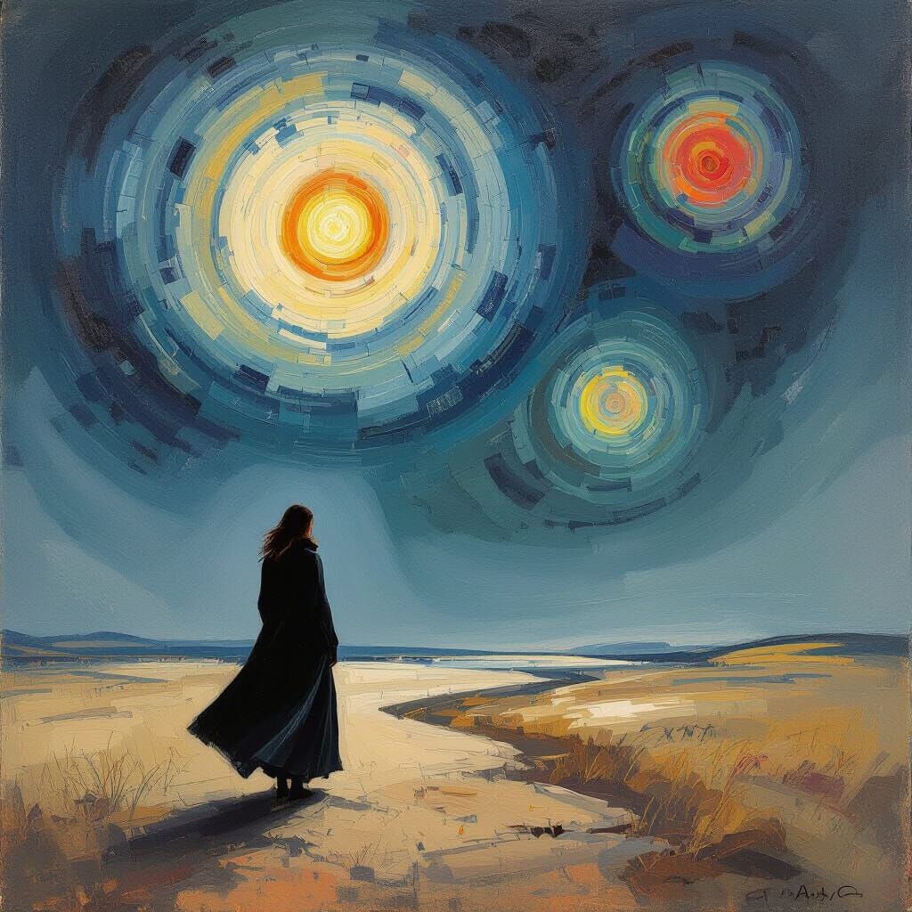 Solitary Woman on Windswept Plain, Abstract Expressionist St...