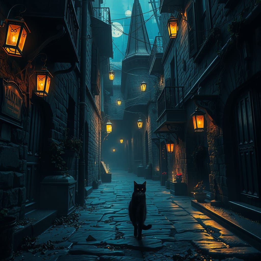 Mystical Cat in Gothic Alleyway, Fantasy Art