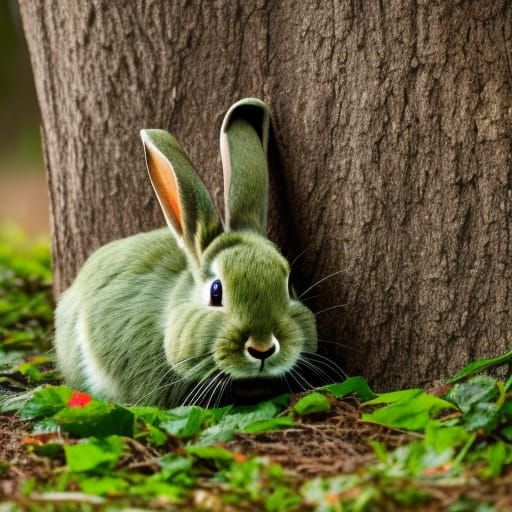 Green Rabbit in Forest: Cinematic Scene