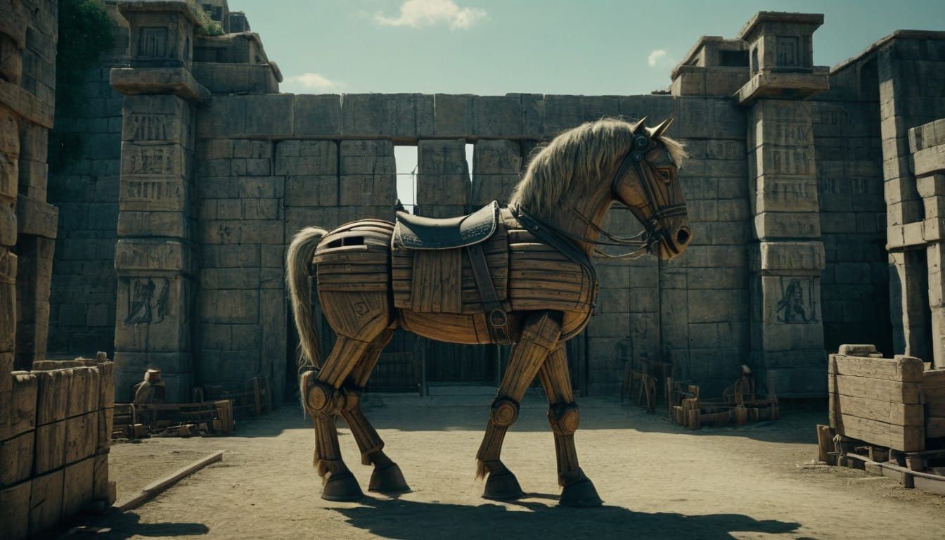 Epic Wooden Trojan Horse at Troy's Gates in Cinematic Film S...