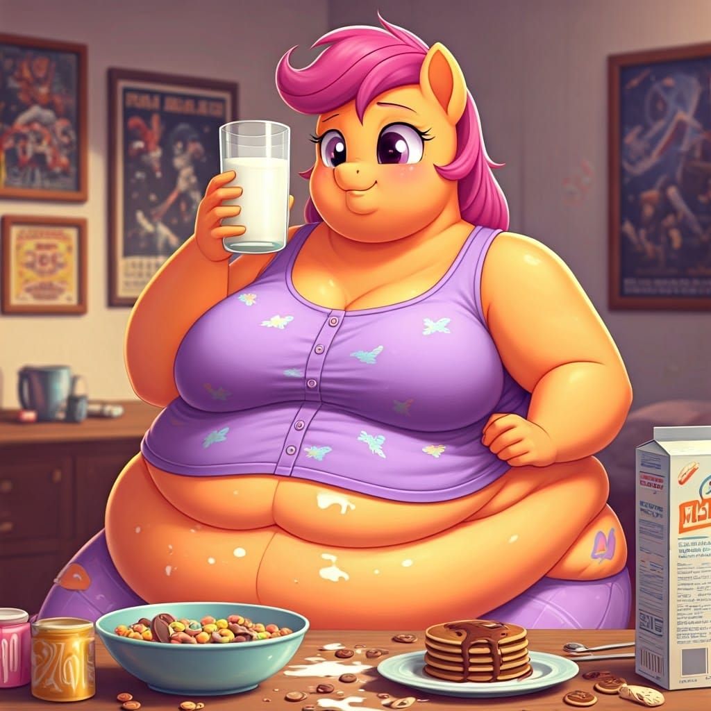 Chubby Adult Woman Surrounded by Breakfast Treats
