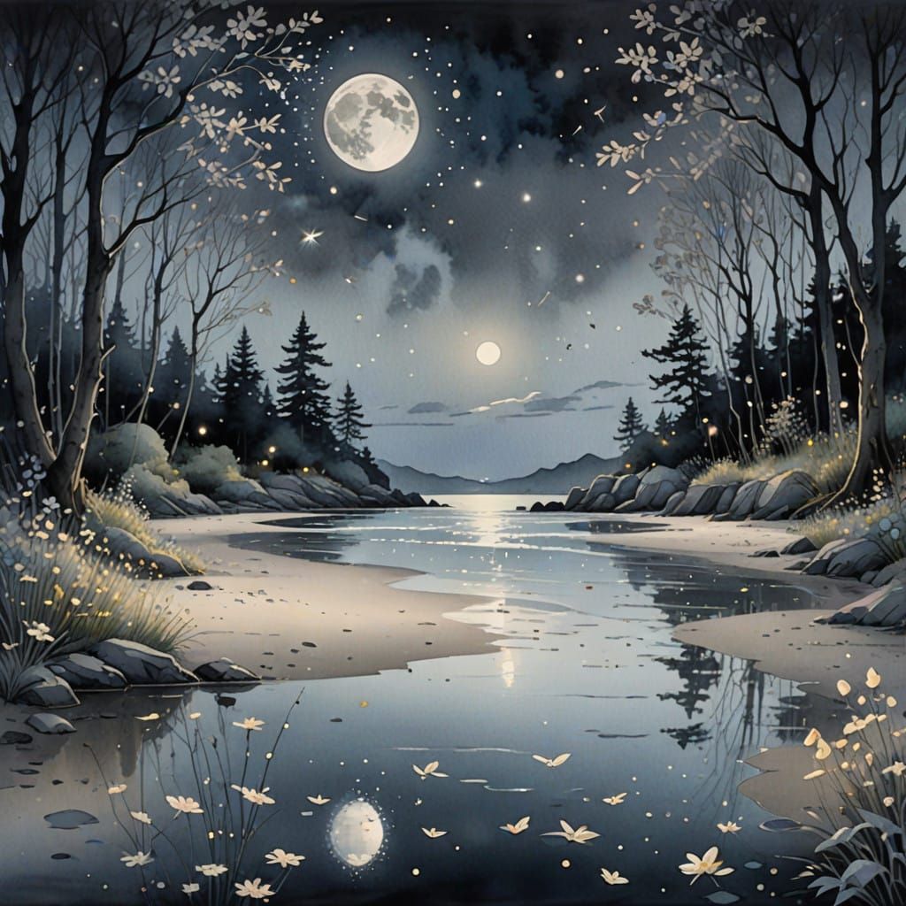 Dreamlike Beach Scene with Fireflies and Fairies