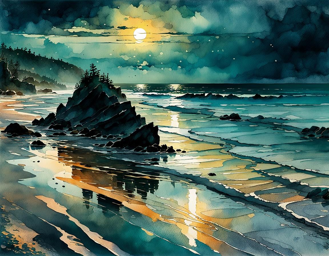 Sunset Reflections on Caribbean Beach in Art Brut Style