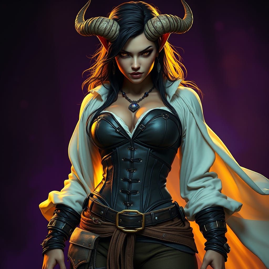 Sultry Half-Orc Priestess in Leather Corset and Earthy Attir...