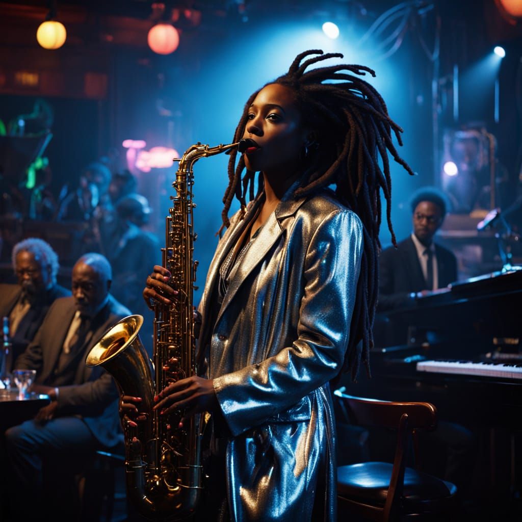 Jazz Woman with Saxophone in Smoky Club