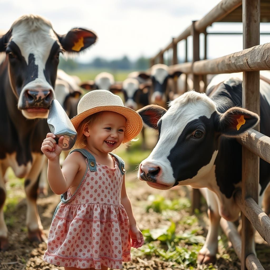 Toddler Siblings Petting Cows on Farm Vacation