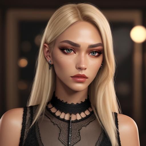 Slender Blonde with Hazel Eyes and Lace Choker