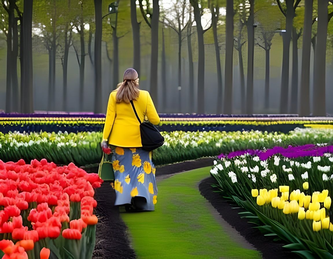 Woman Among Tulips in Keukenhof Gardens