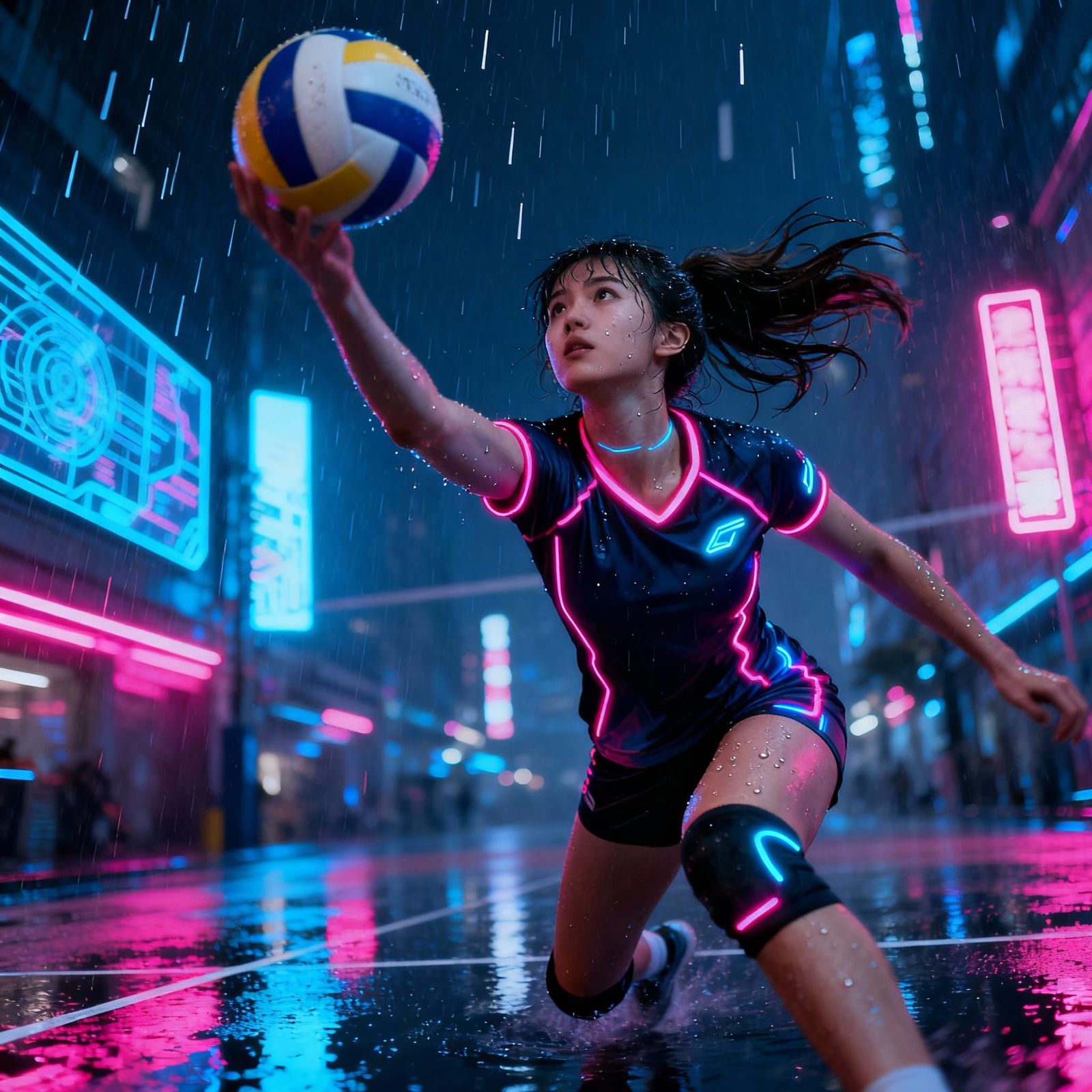 Cyberpunk Volleyball Athlete in Neon City