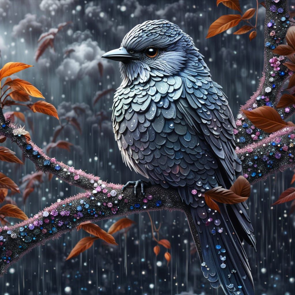Glittering Silver Bird in a Fantasy Forest