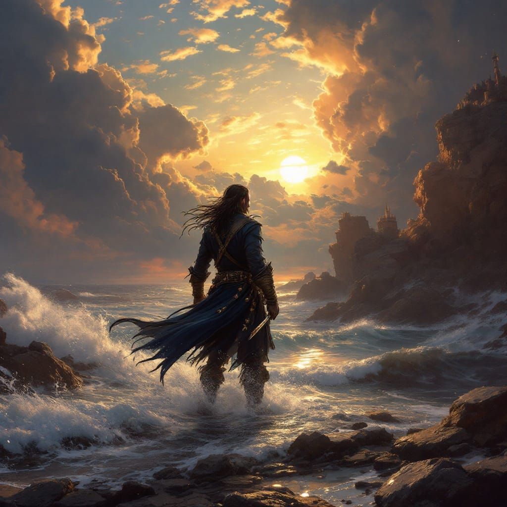 Pirate God Watches Dawn Break Over the Waves