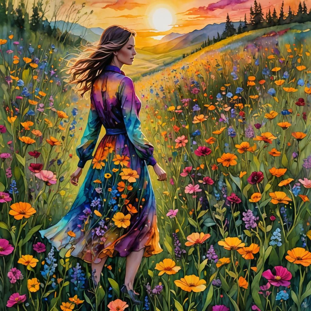 Lady in Wildflower Field: Mixed Media Double Exposure