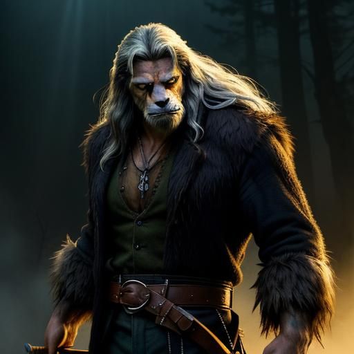 Werewolf Woodcarver in Misty Forest, Fantasy Illustration