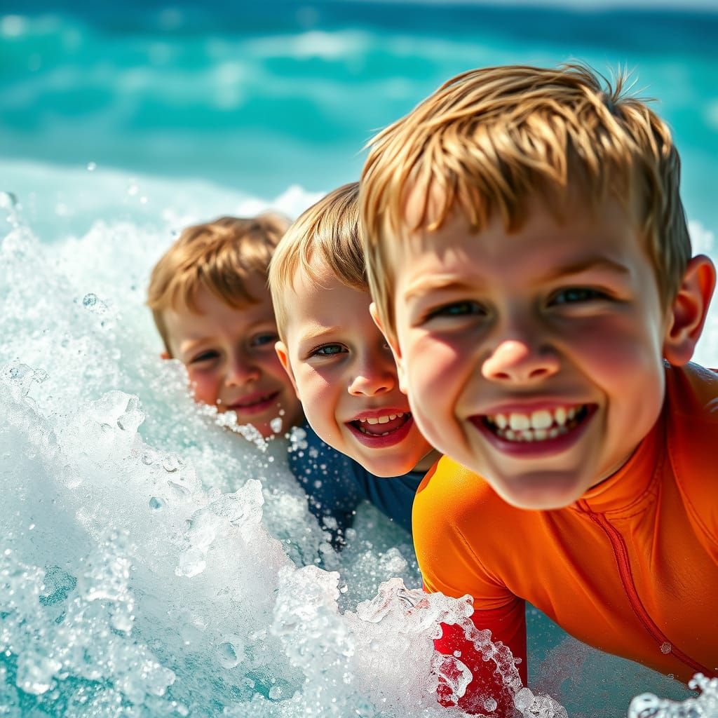Thrilled Children Riding Turquoise Waves in Close-Up Portrai...