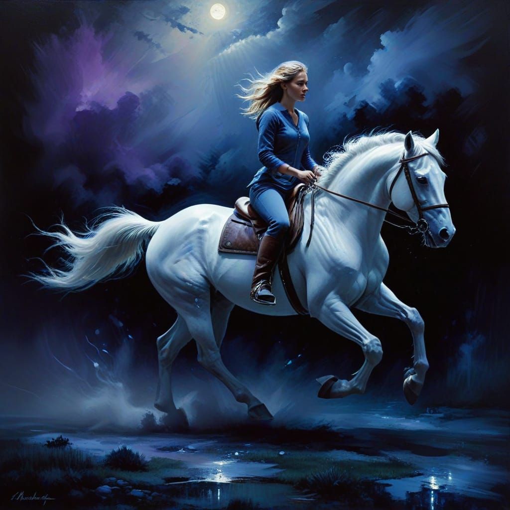 Woman and Horse in Moonlit Realism