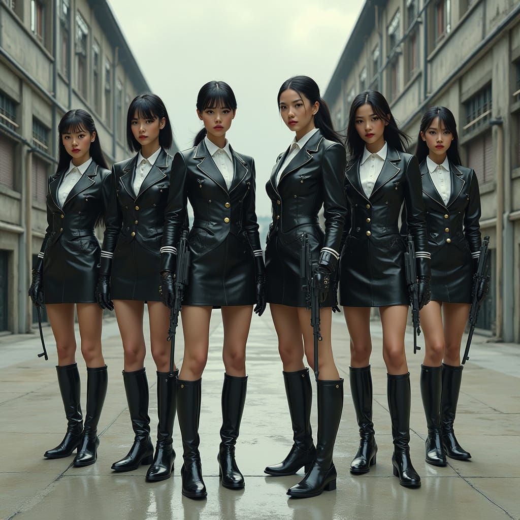 Six Futuristic Female Prison Guards in Black Leather Uniform...