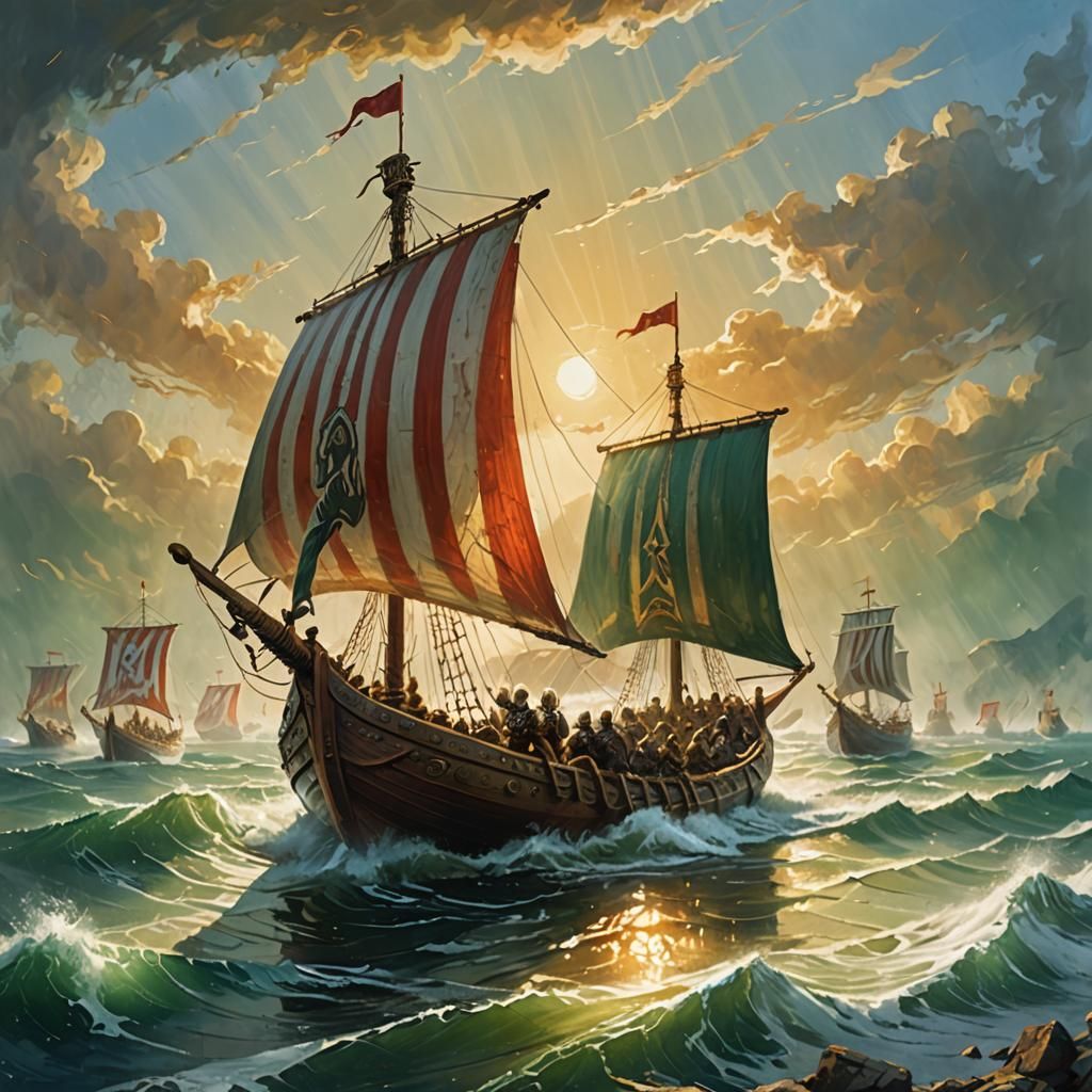 Vikings Approach England Shore in Fantasy Painting