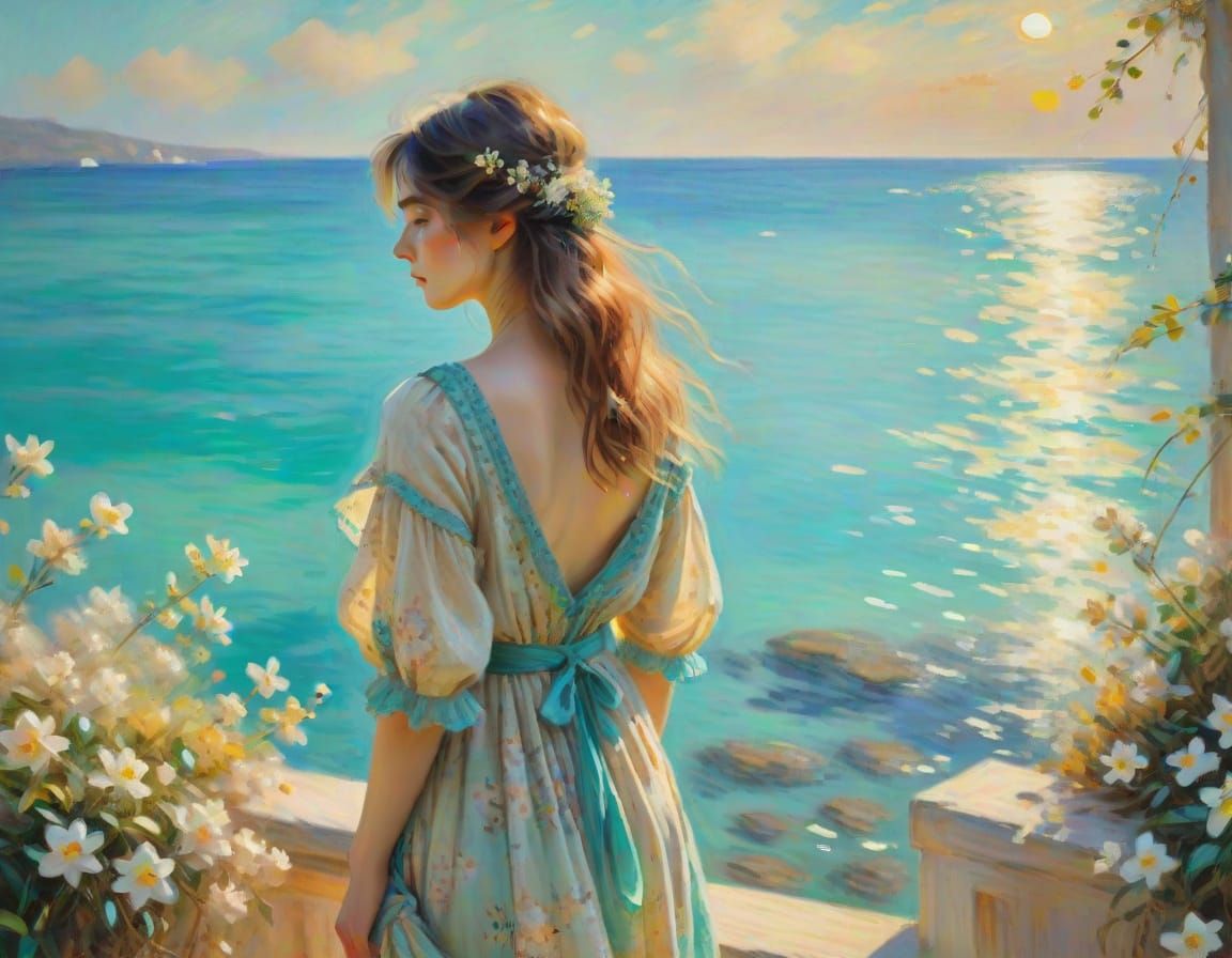 Girl in Boho Dress Admires Turquoise Sea Under Purple Moon