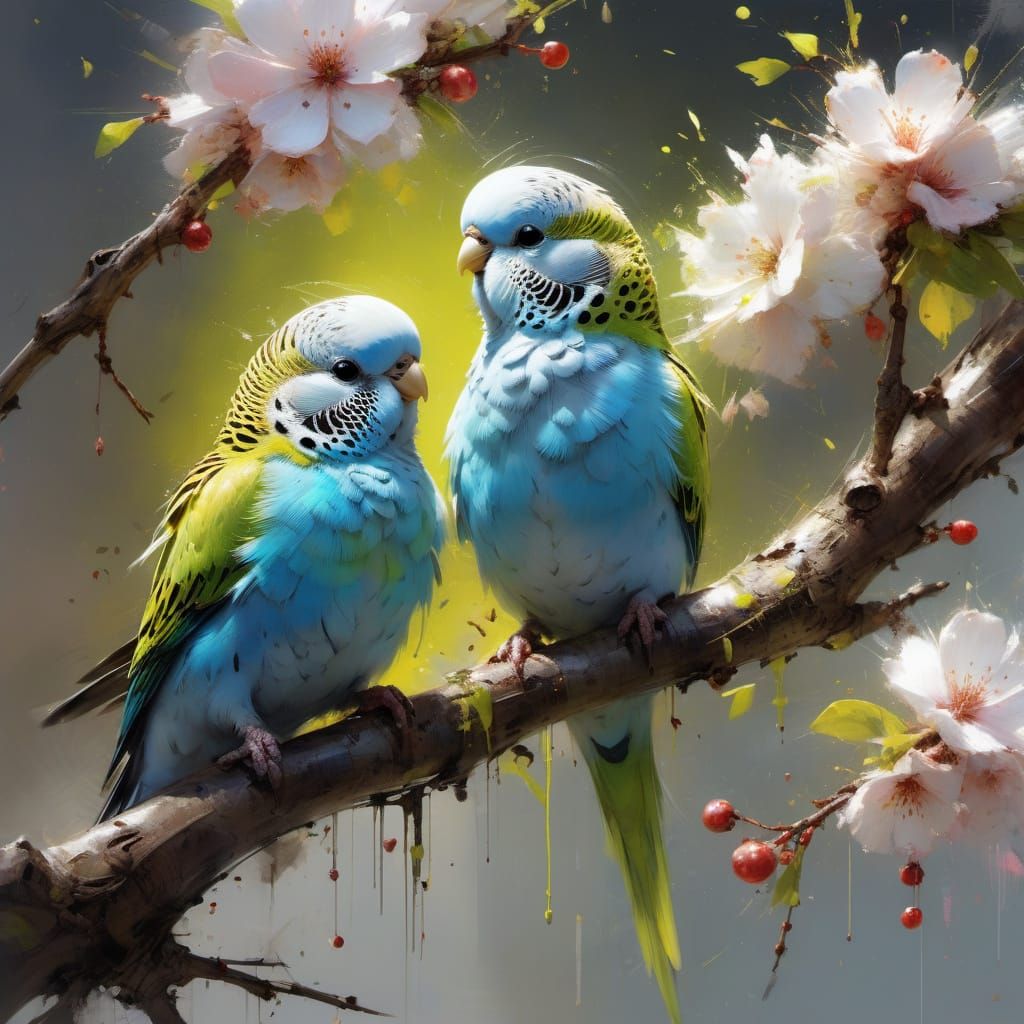 Vibrant Budgerigar Paradise amidst Blossoming Cherry Trees i...