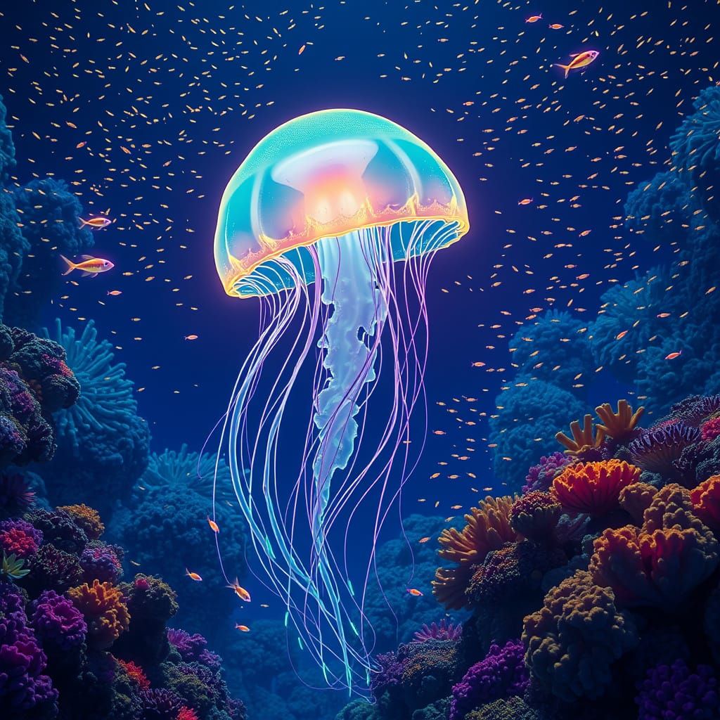 Bioluminescent Jellyfish in Neon Coral Reef: Psychedelic Art