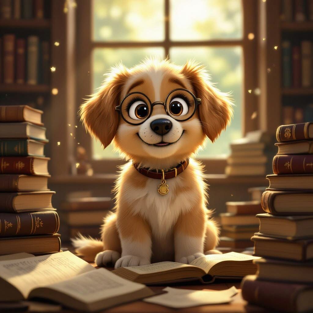 Golden Retriever Puppy in Library, Disney Pixar Style