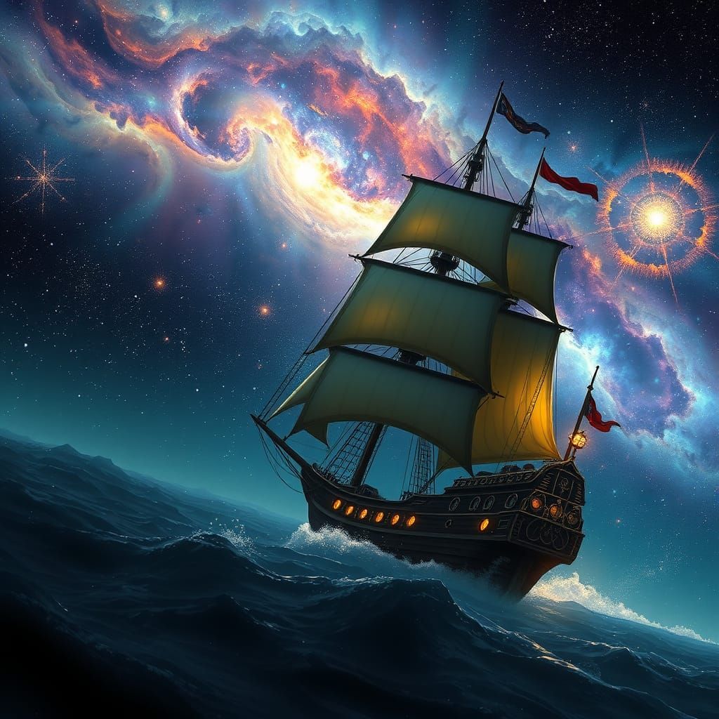 Steampunk Galleon Sailing Through Starry Seas