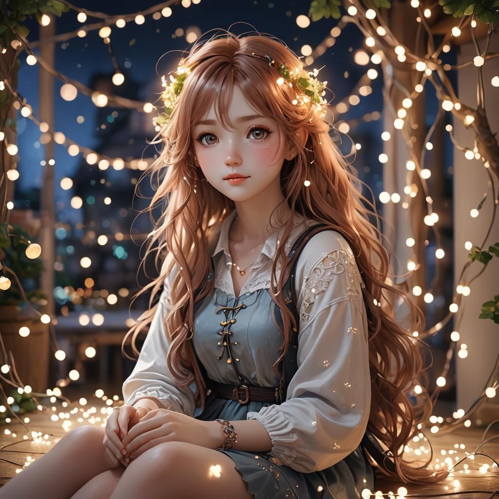 Anime Girl Under Fairy Lights in 3D