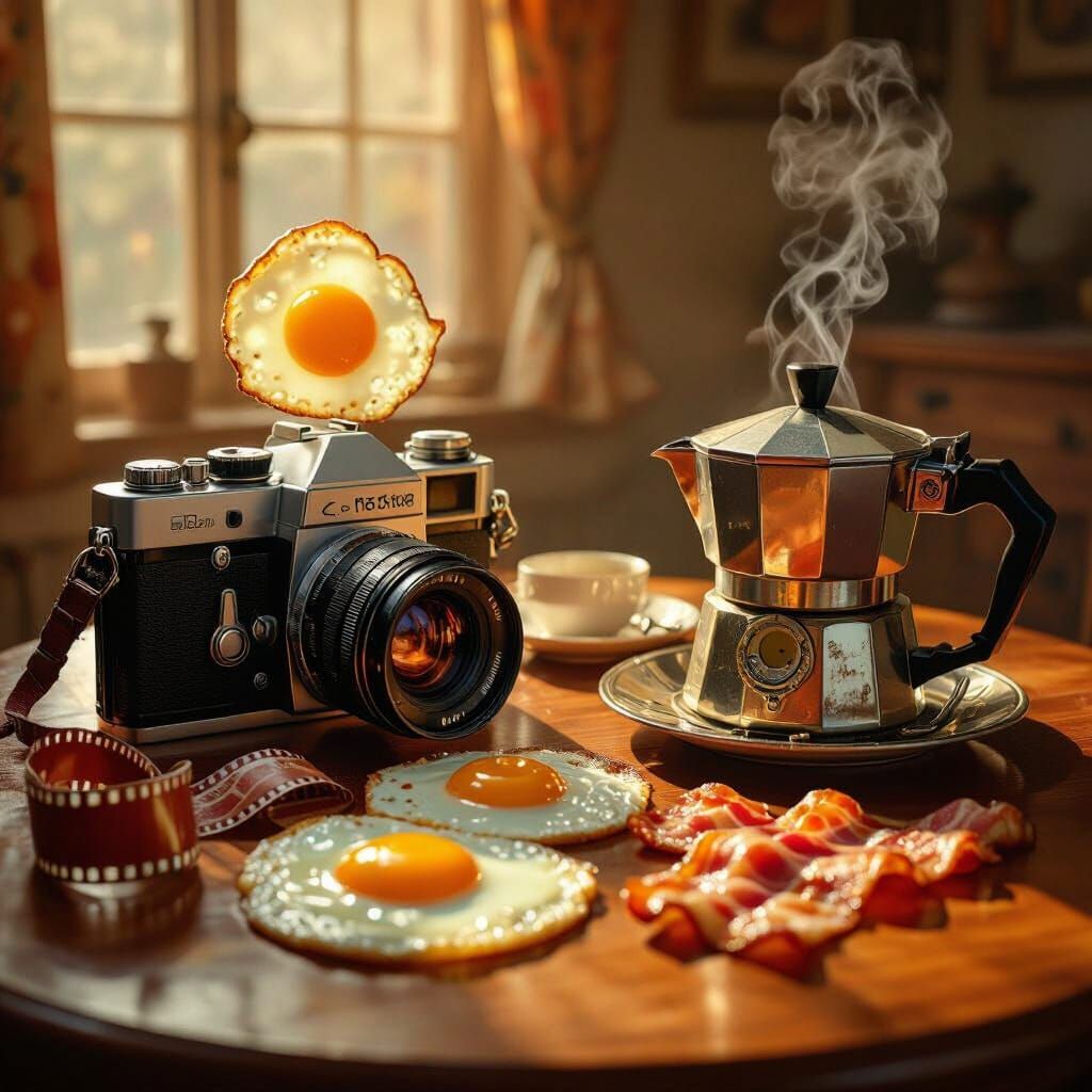 Surreal Breakfast: Cameras Become Food in Golden Light