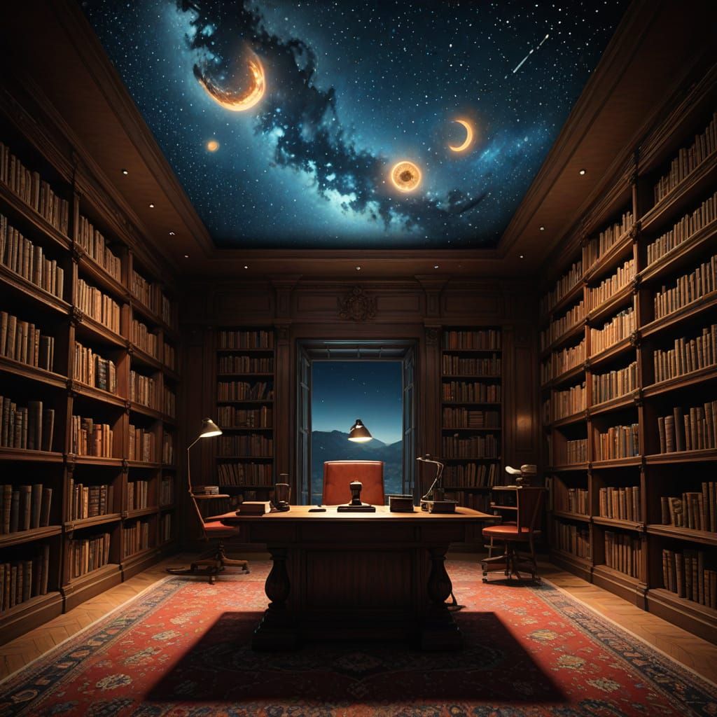 Surreal Library in Space Beside a Planet