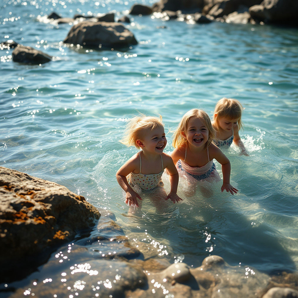 Children Play in Crystalline Water, Hyperrealistic Style