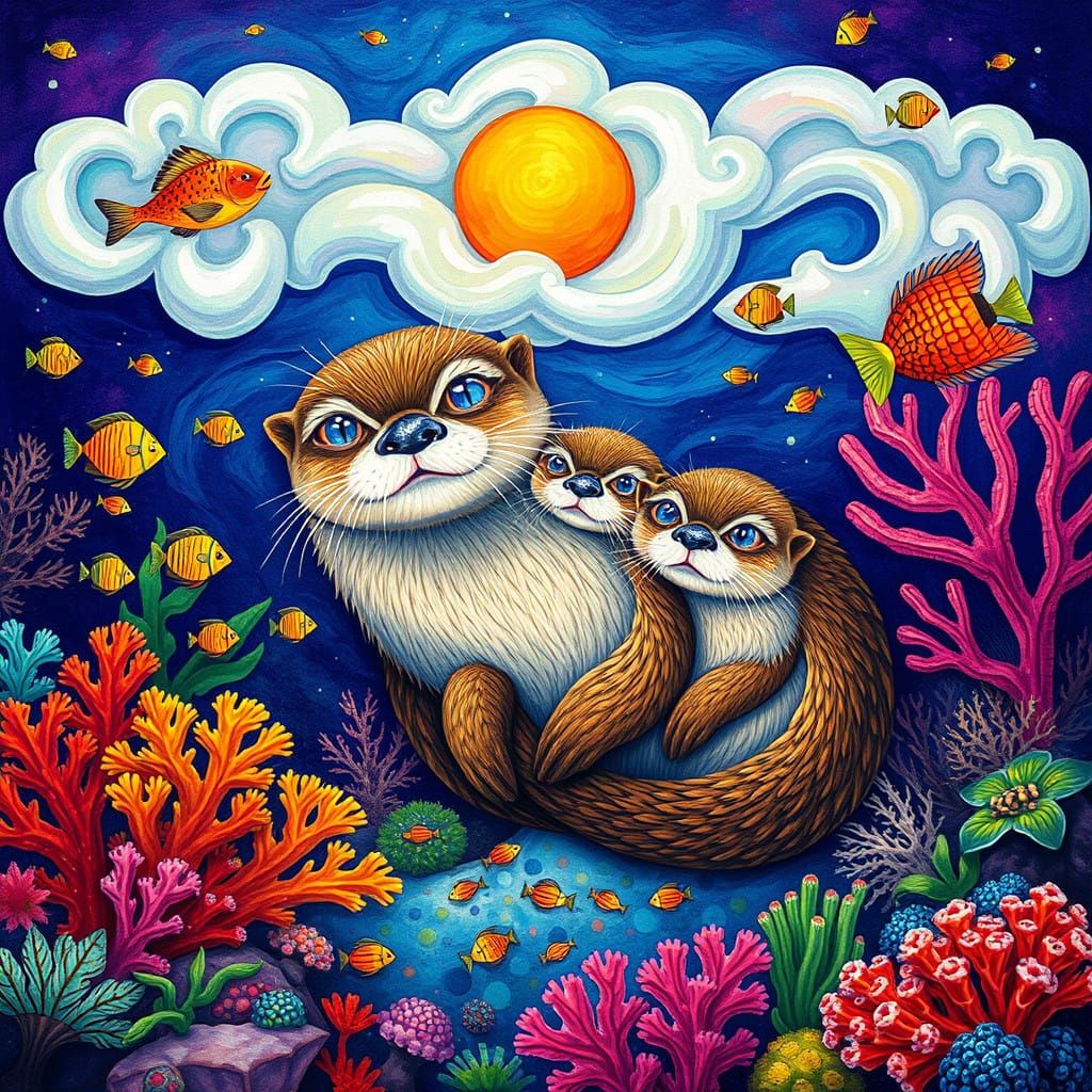 Folk Art Otter Family in Vibrant Coral Reef