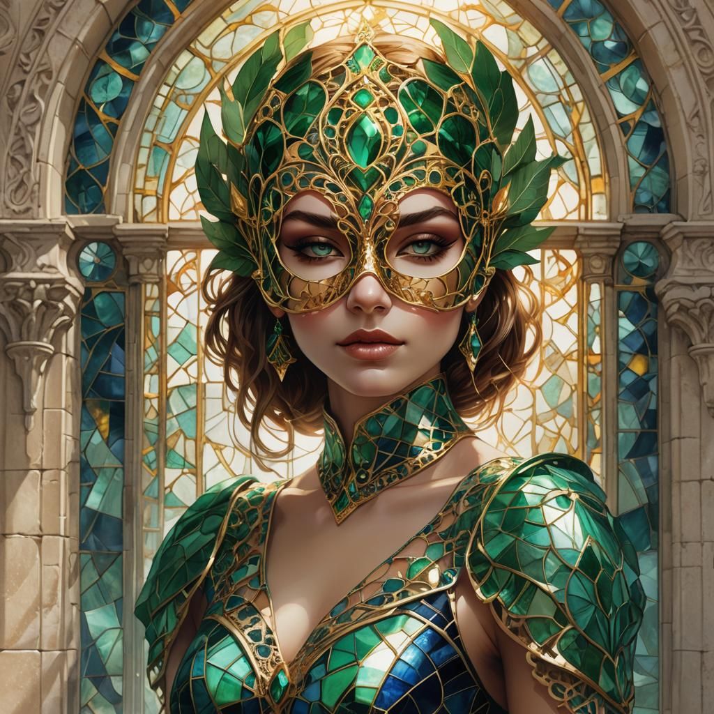 Girl in Golden Mask and Stained Glass Dress