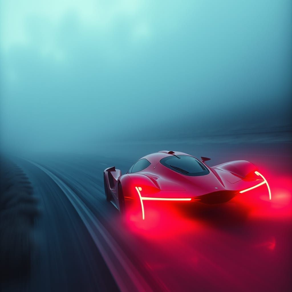 Red Hypercar Speeds Through Foggy Landscape in Cinematic Sty...