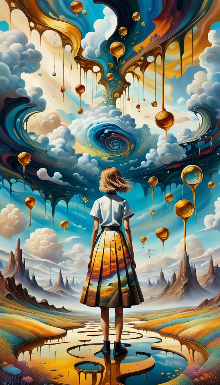Surreal Figure in Dreamlike Landscape with Melting Words