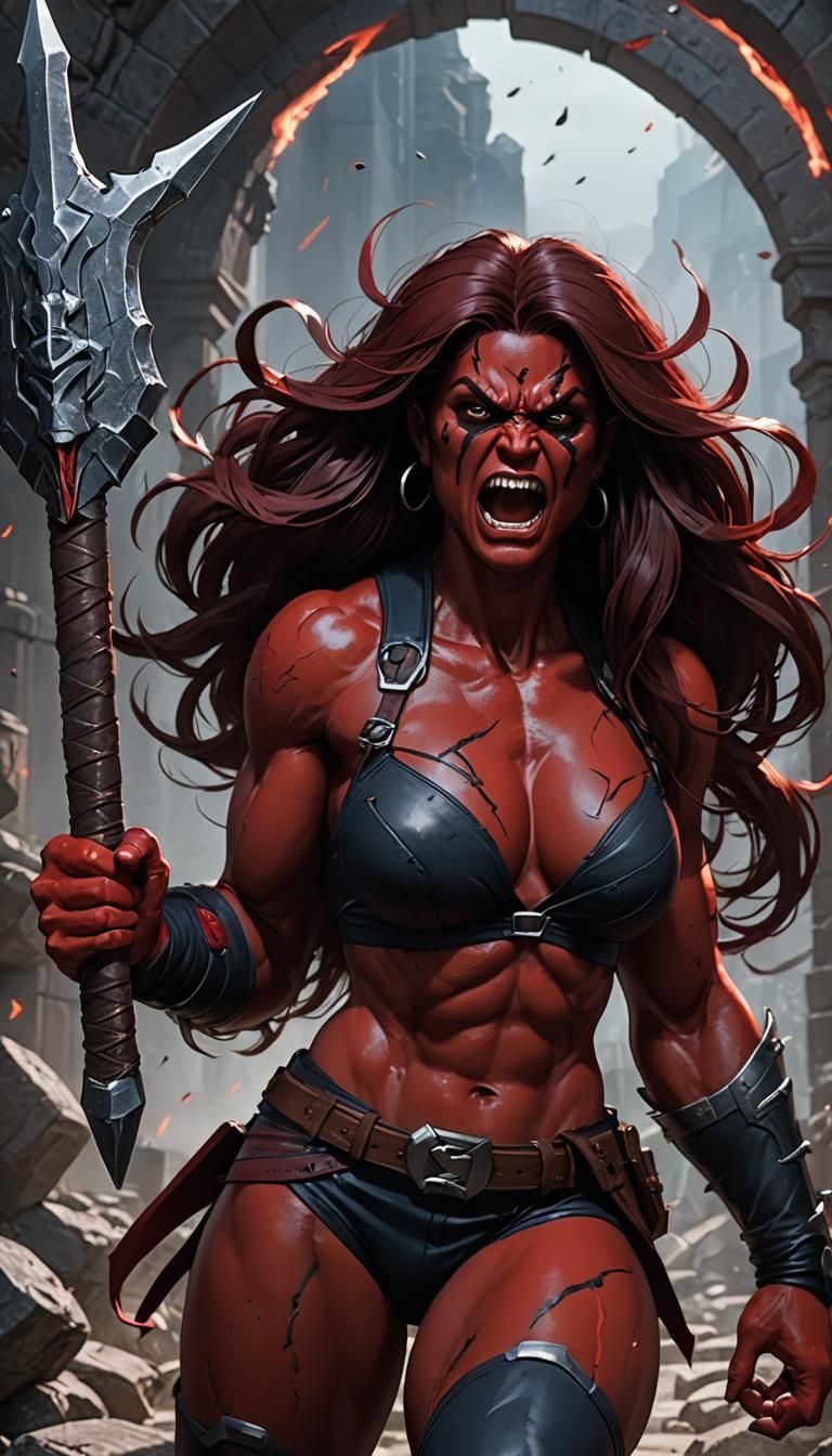 Red She-Hulk Barbarian in Anime-Inspired 3D Art
