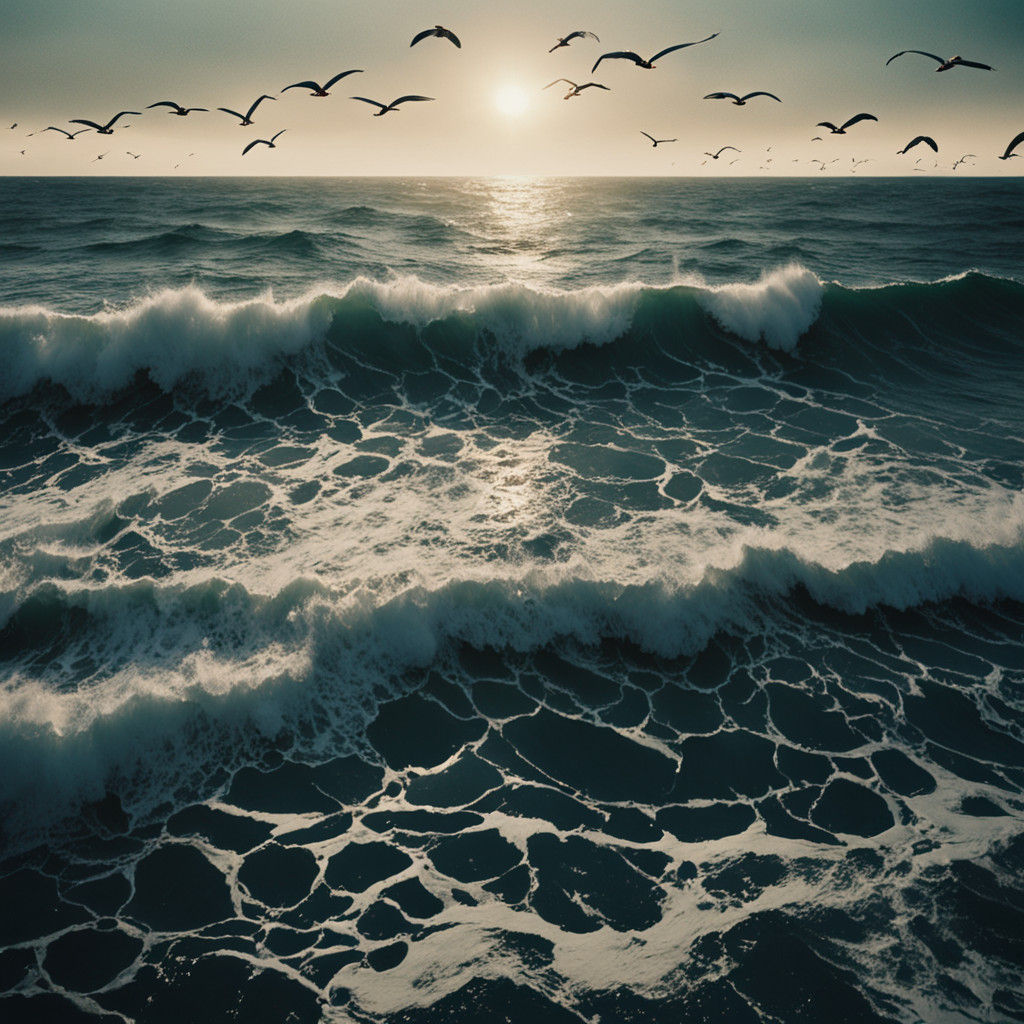 Blue Ocean Waves Crash Against Golden Hour Shoreline