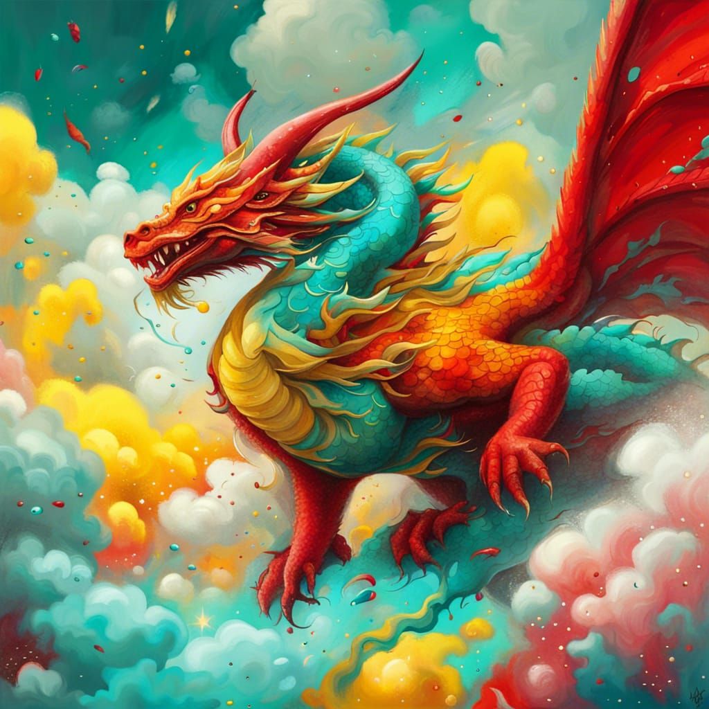 Red Dragon Soaring Through Colorful Graffiti Clouds