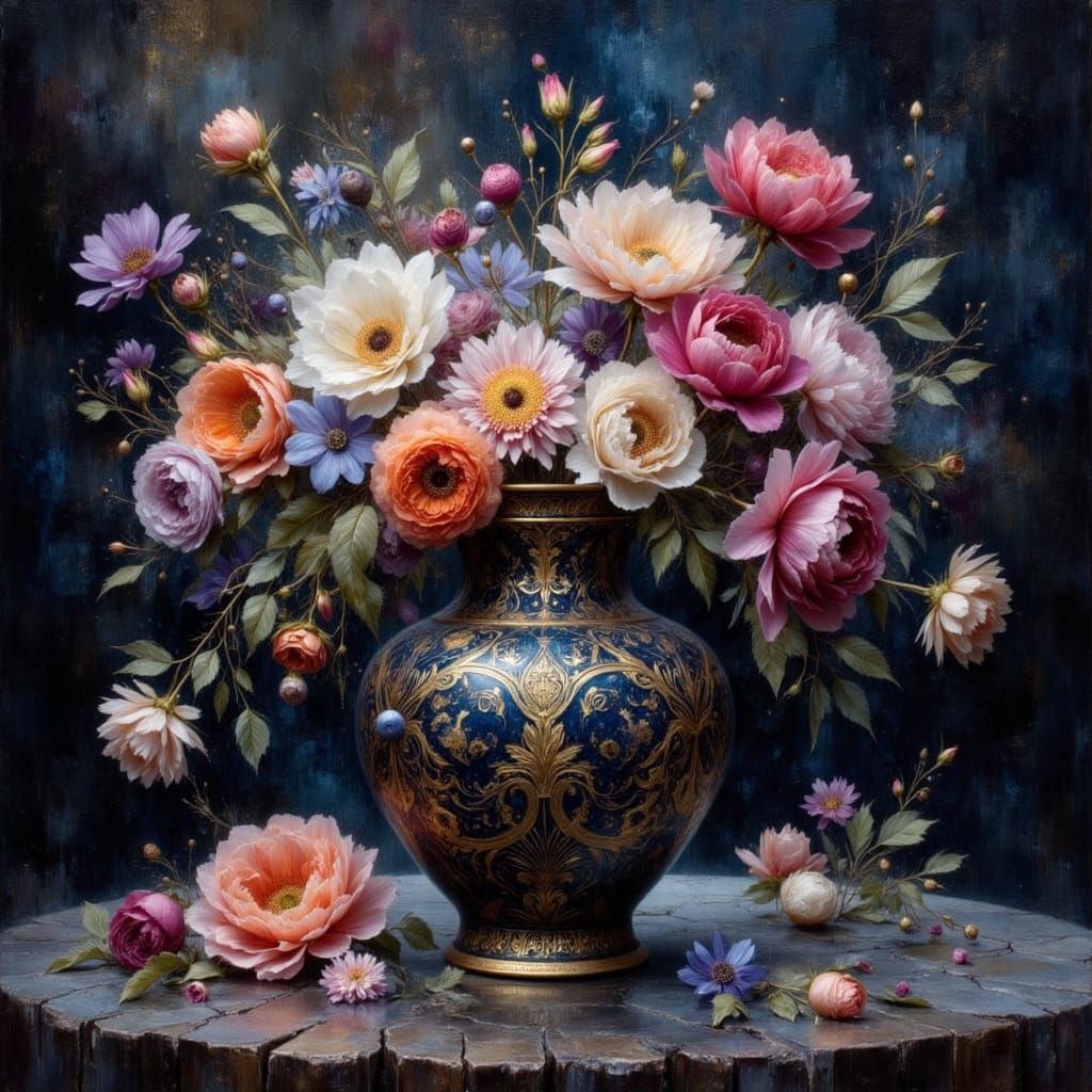 Cloisonne Vase with Flowers in Dramatic Backlighting