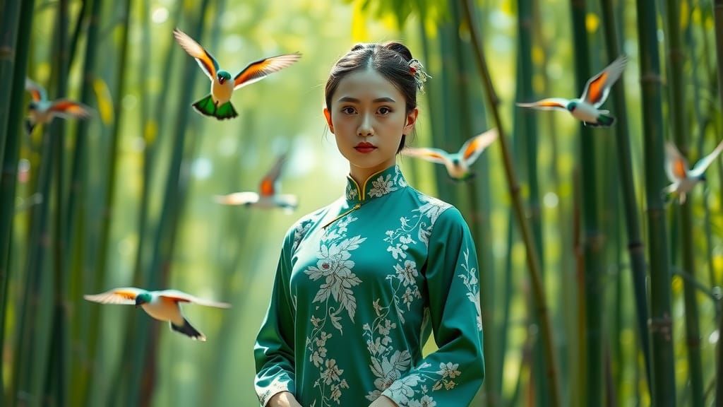 Chinese Woman in Qi Pao in Bamboo Forest, Photorealistic