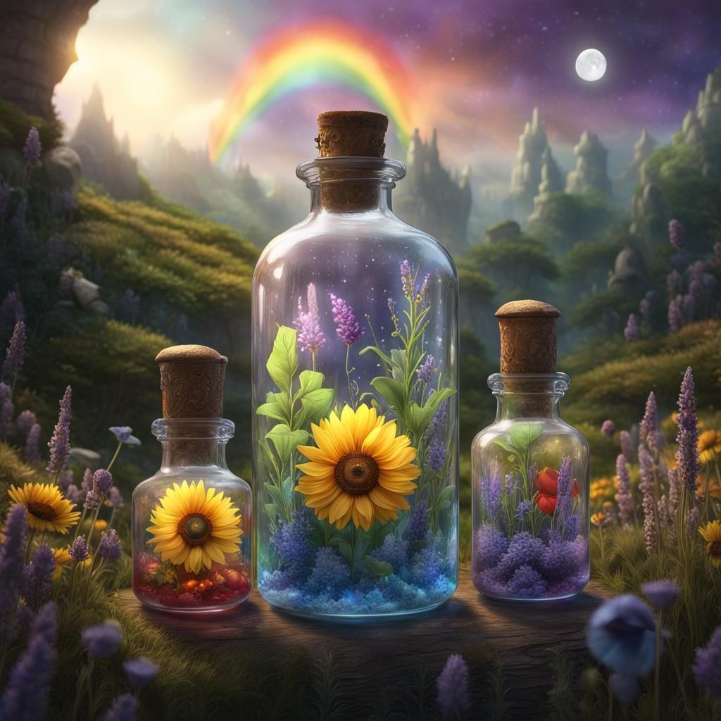 Magic Crystal Potion Bottles in Fantastical Landscape